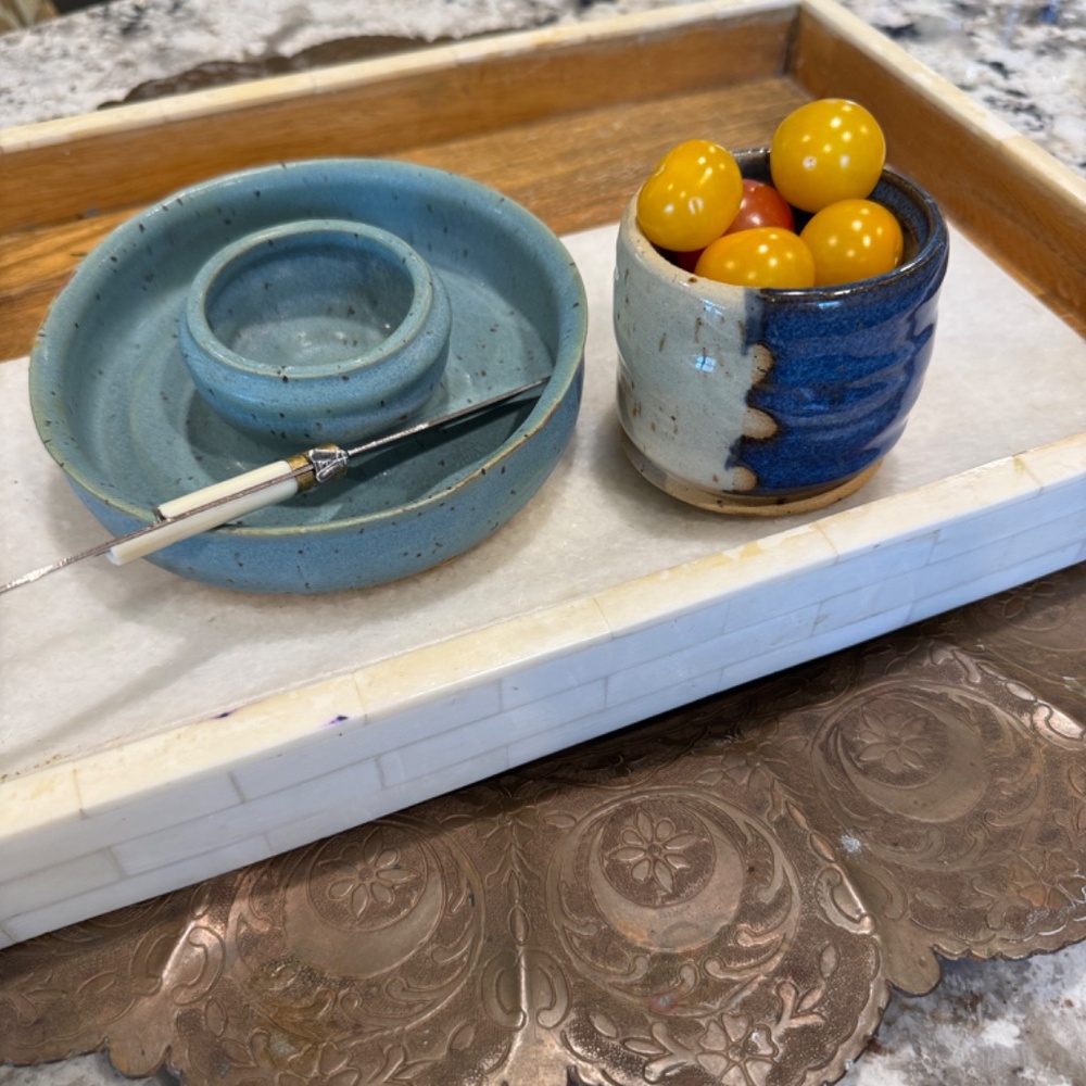 Signed Artisan Handcrafted Pottery Blue Ceramic Olive Oil Dipping Dish